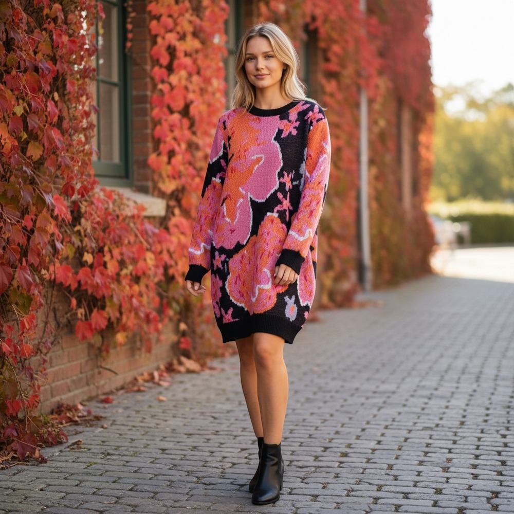 143 Story Bold Floral Tunic Sweater Dress Pink Orange Black IDM9563 Mens‎ Medium